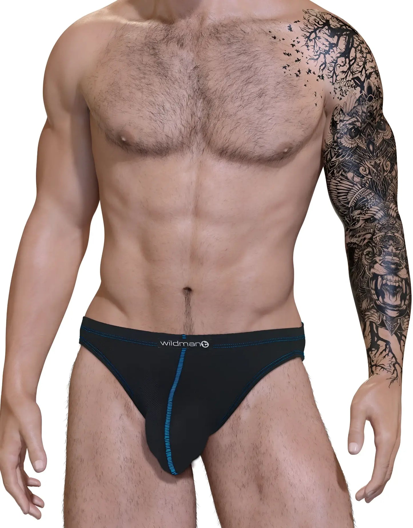 Black stitch big boy pouch jock strap in blue with wildman logo on waistband designed for support and comfort