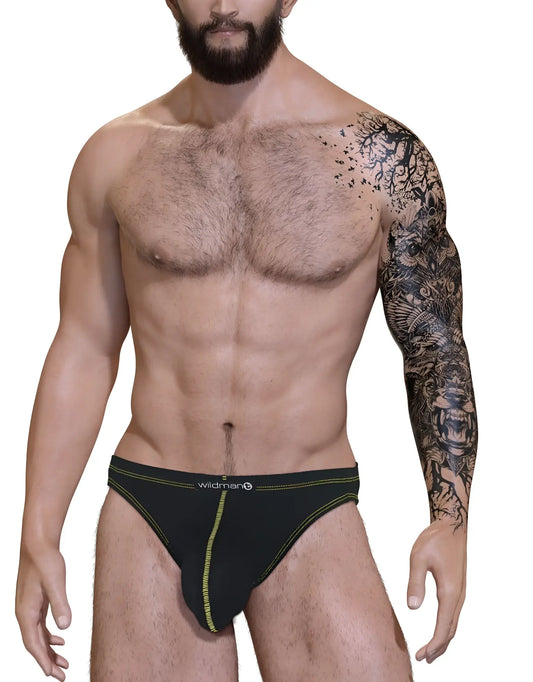Black briefs with neon green stitching and wildman logo on waistband in stitch big boy pouch jock strap yellow design