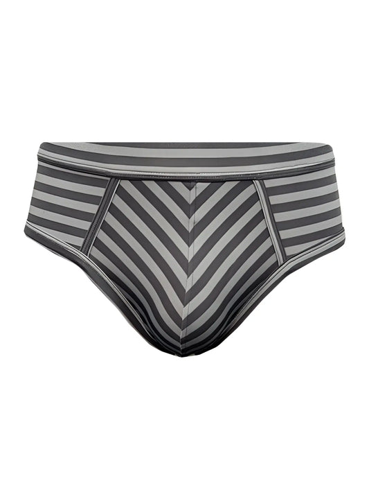 Gray and black striped men’s stretch comfort brief with chevron pattern offering soft breathable fabric