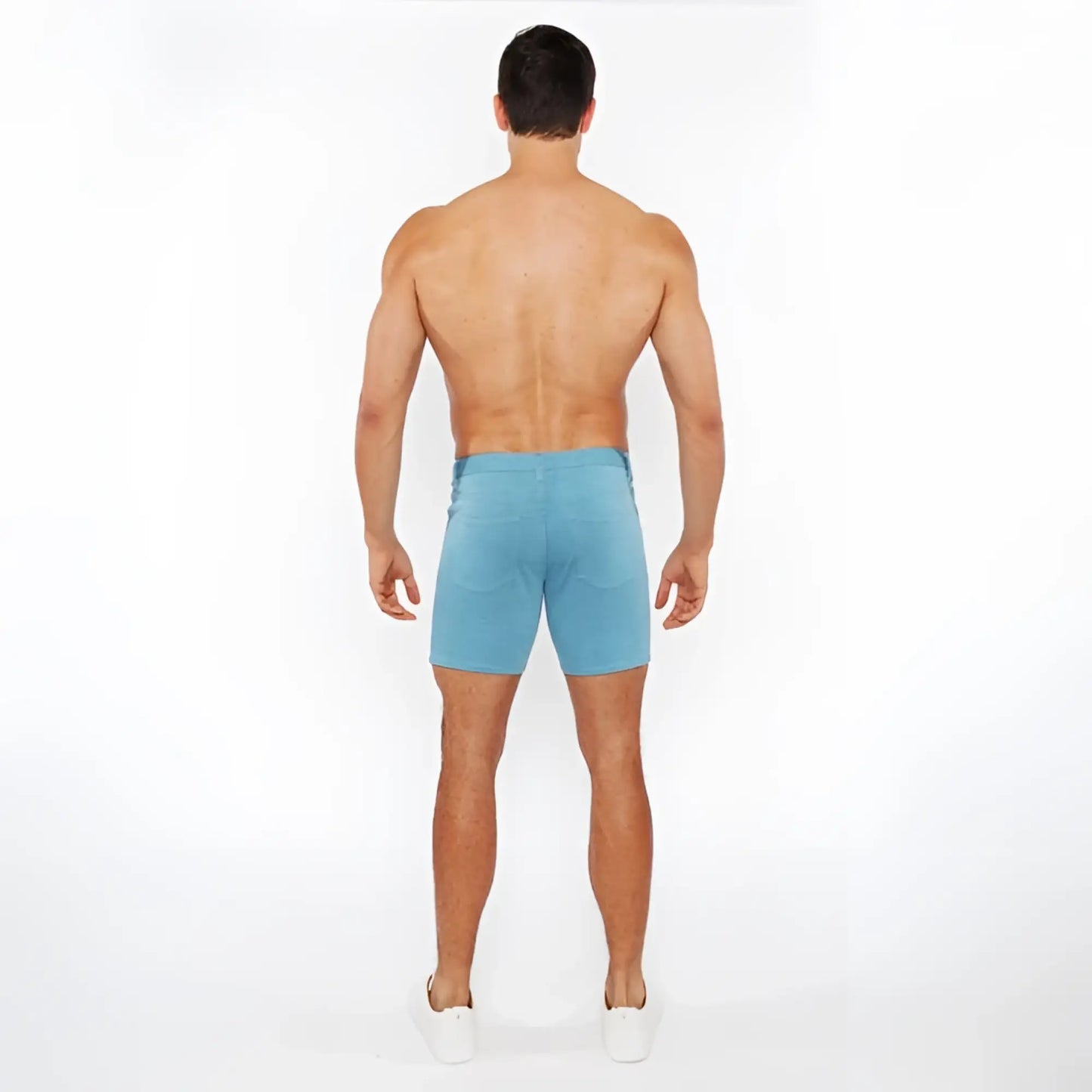Light blue stretch knit denim shorts with classic fit and visible stitching for comfortable casual wear