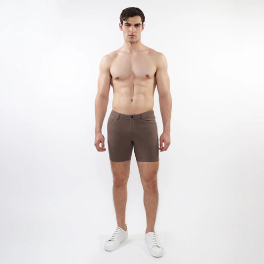 A pair of slim-fit dark brown stretch knit shorts with a modern design and subtle stitching details
