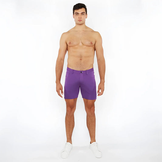 Purple stretch knit shorts made of soft breathable fabric designed for comfortable active wear