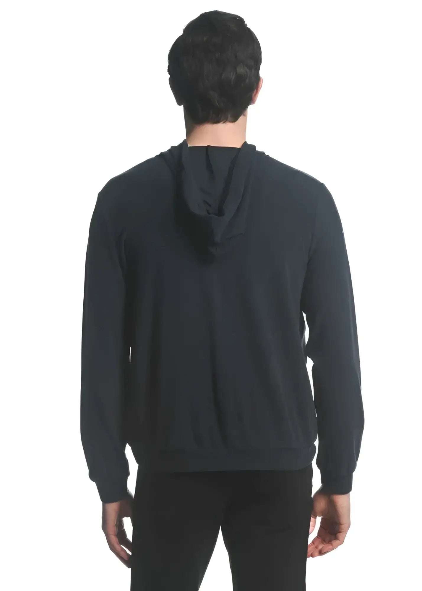 Black stretch knit zip-up hoodie with smooth soft fabric and subtle ribbed cuffs for comfortable wear