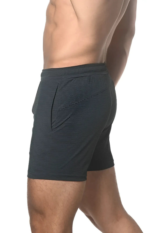 Dark gray stripe stretch performance shorts with subtle horizontal stripes and sleek modern design front view