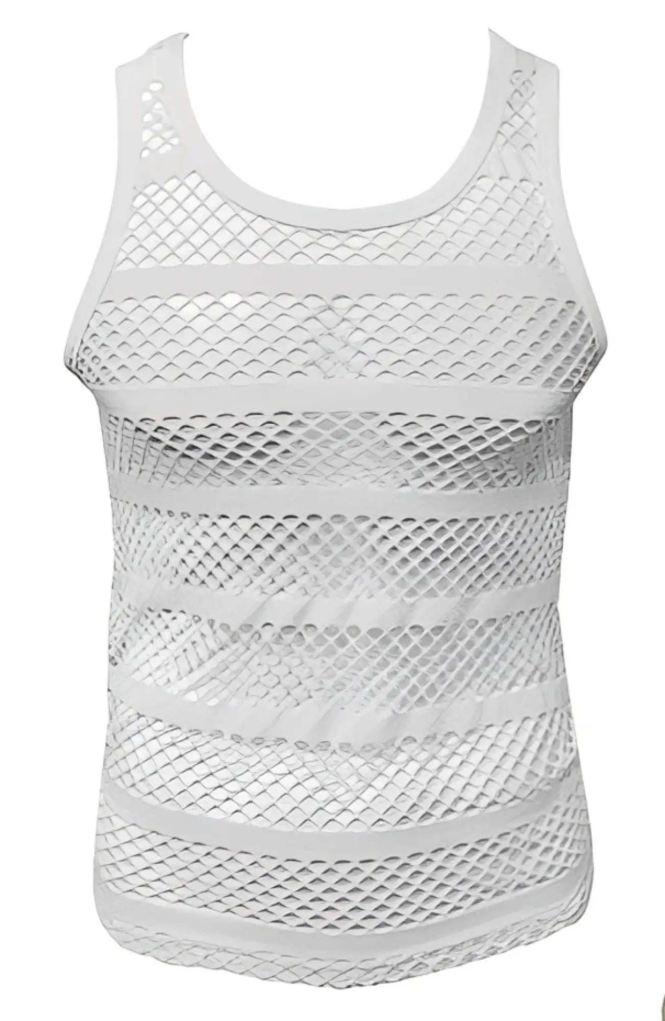 White striped fishnet tank top with horizontal ribbed mesh bands ideal for layering or casual wear