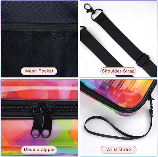 Suitcase handbag rainbow holographic transparent organizer bag with black zipper pulls and adjustable shoulder strap