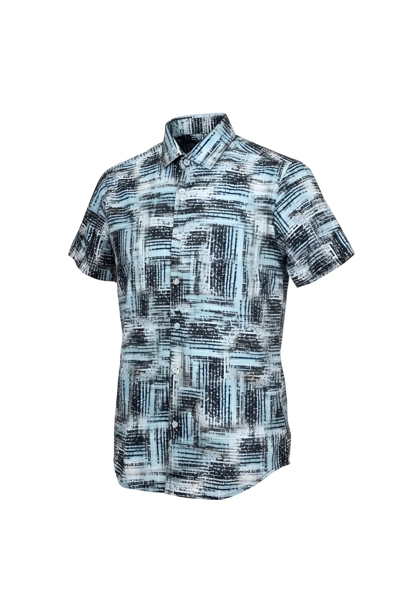 Men’s short-sleeved button-up suslo crinkled fabric shirt with modern black white and light blue abstract pattern