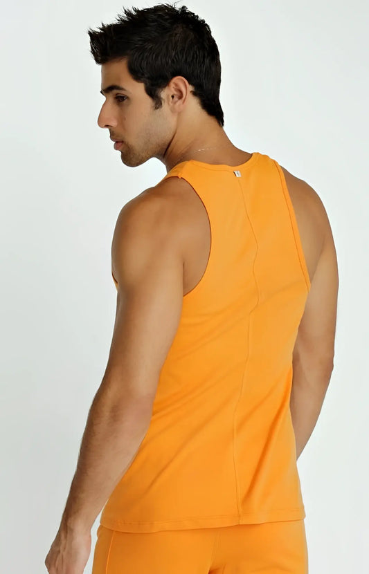 Orange sleeveless athletic sustain tank top made from eco-friendly fabric for active wear and outdoor activities