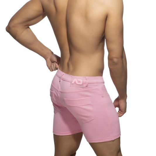 Pink denim svelte shorts with a subtle logo on the waistband front side
