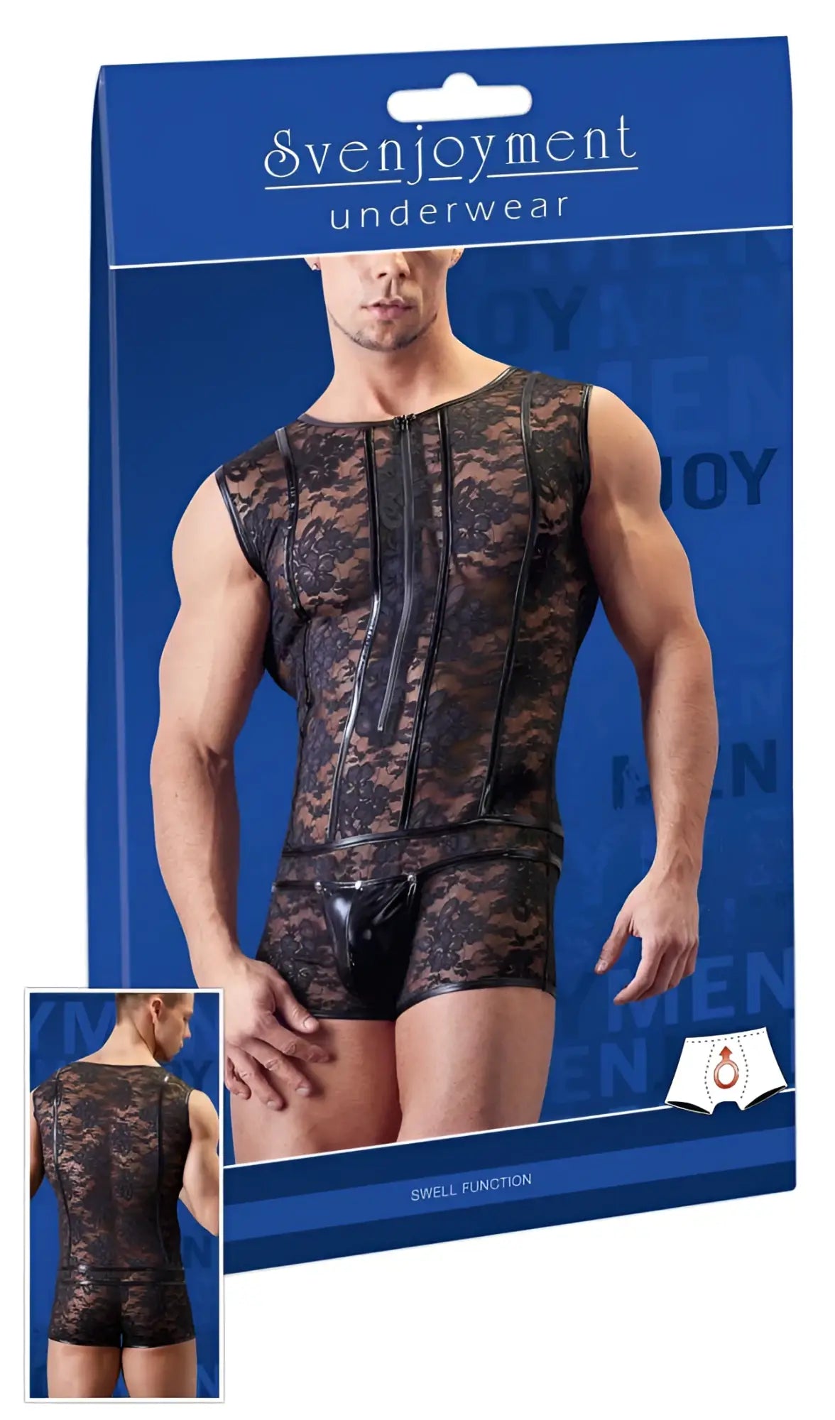 Black lace men’s corset-style underwear set with glossy latex finish and built-in swell function size s by svenjoyment