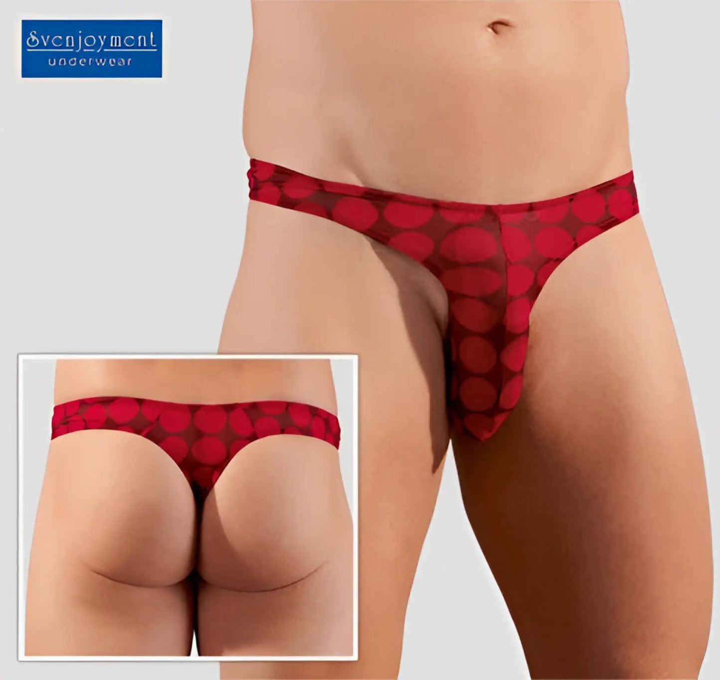 Red patterned sheer thong underwear with bold circular design by svenjoyment size m visible from front side