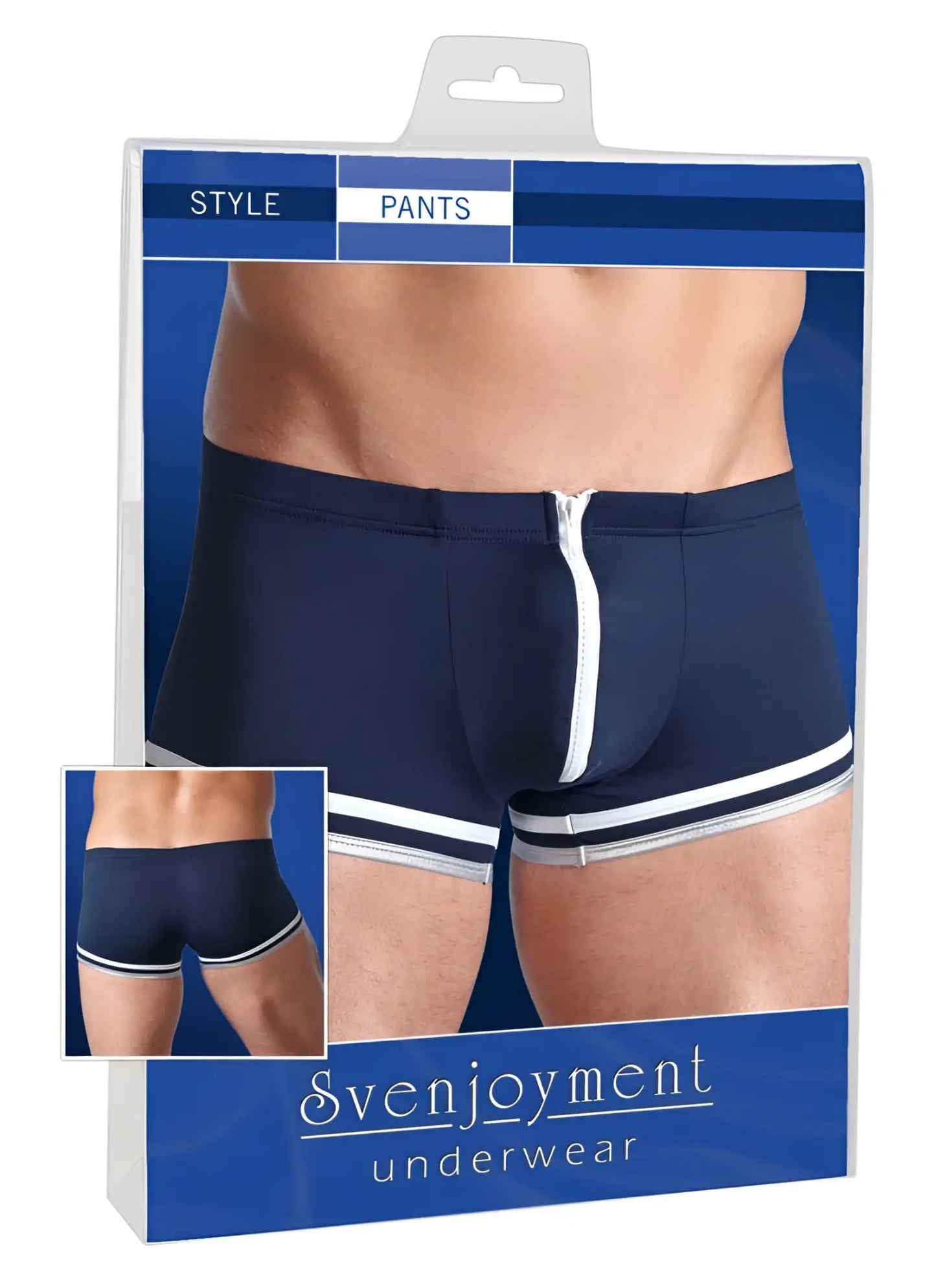 Navy blue men’s boxer briefs with white zipper and striped trim packaged in svenjoyment underwear box size m