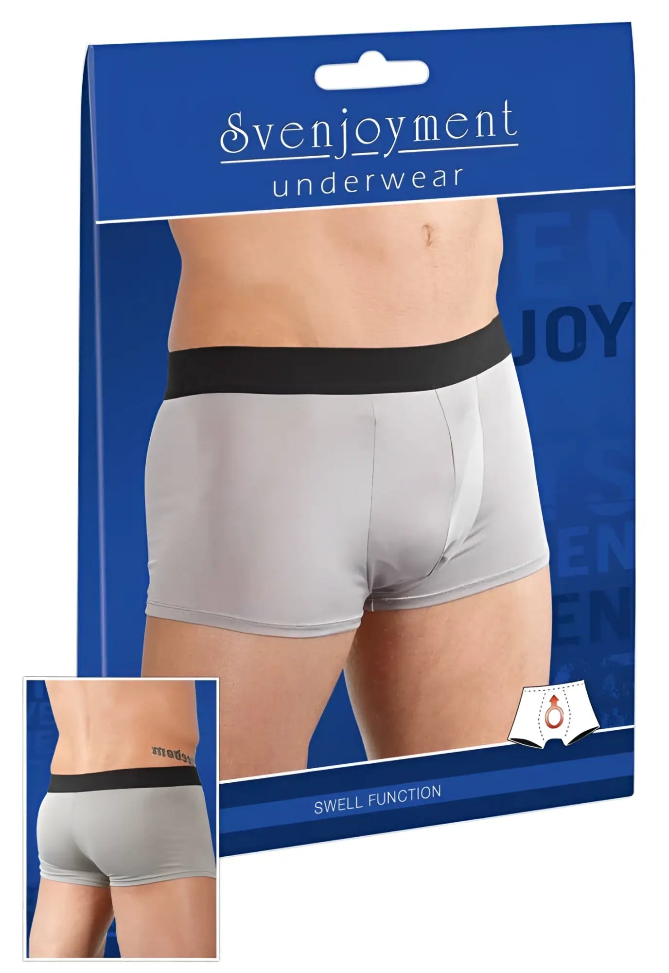 Gray svenjoyment swell microfibre boxer briefs with black elastic waistband size m front view