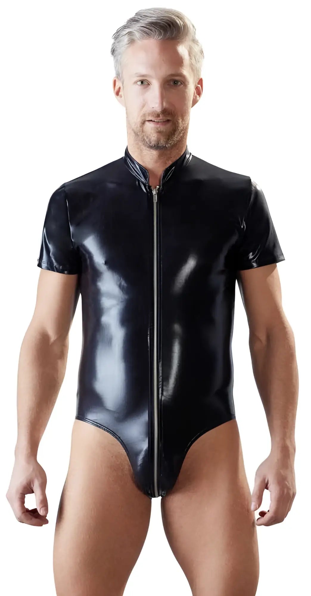 Black glossy latex bodysuit with short sleeves and full-length front zipper by Svenjoyment size XL