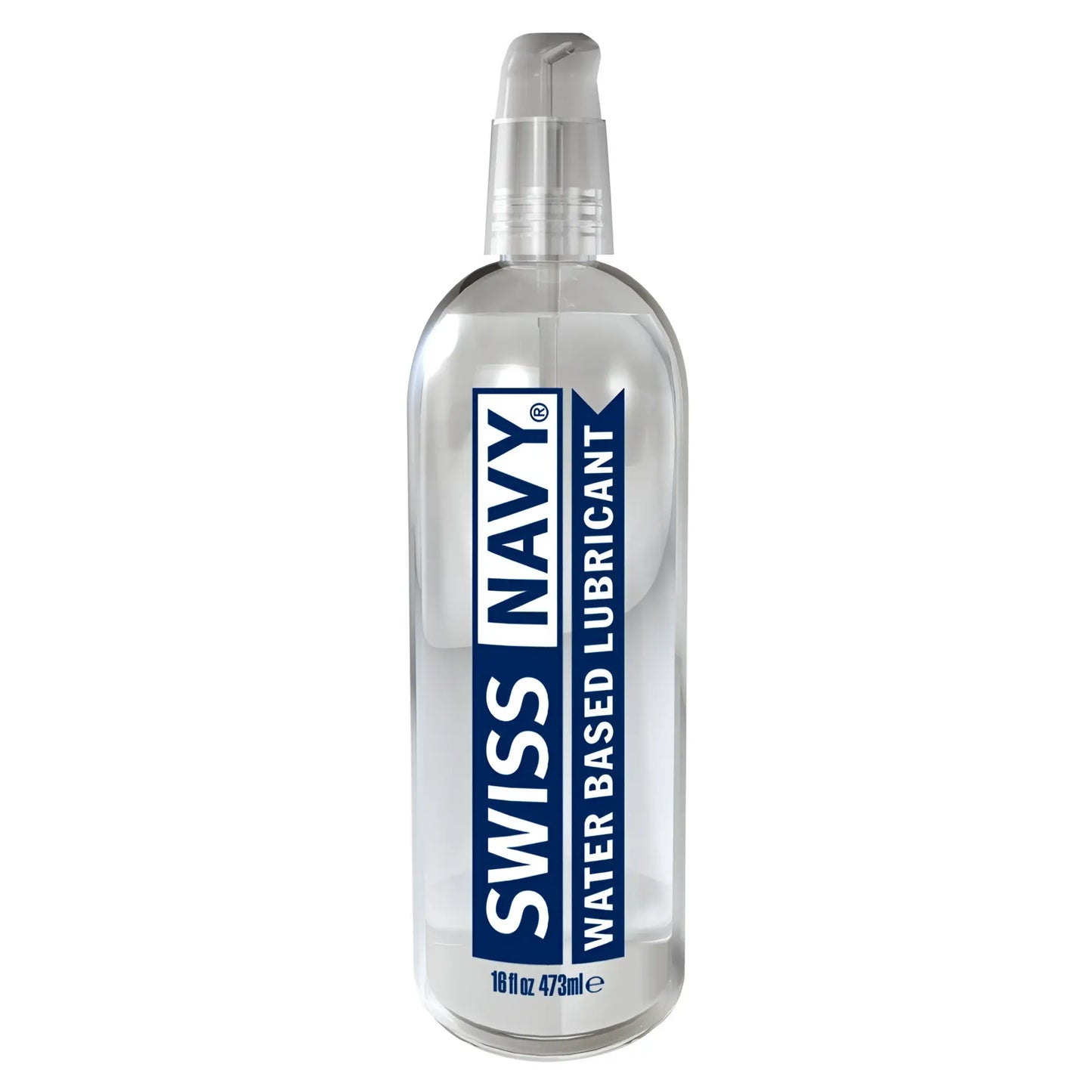 Clear plastic bottle of swiss navy water-based lubricant with transparent pump and navy blue white label