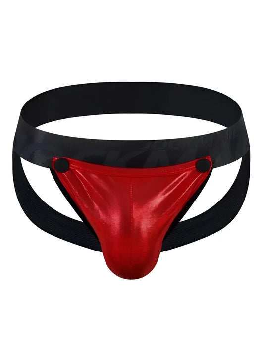 Red metallic tartarus coated jockstrap briefs with black elastic waistband and side straps for support