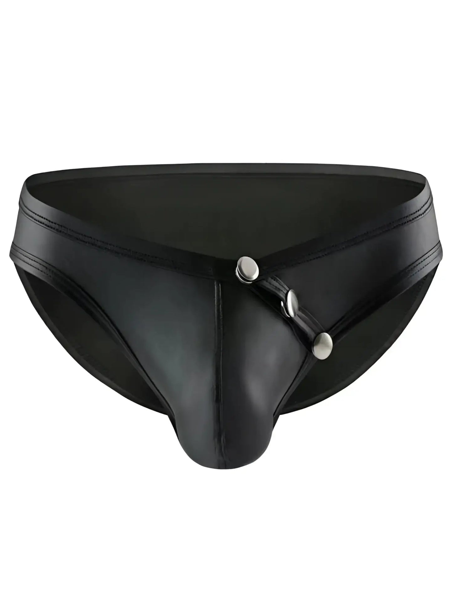 Black faux leather tartarus side buttons brief thong with silver-toned button closure detail