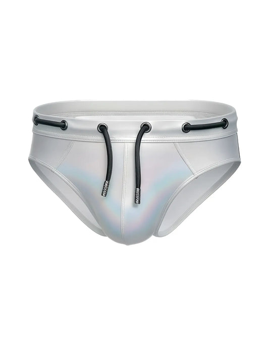Silver holographic swim trunks tartarus side track metallic brief with black drawstrings and metal eyelets