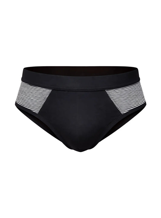 Black tartarus striped cotton brief swim trunks with white and gray striped side panels for swimming and beachwear