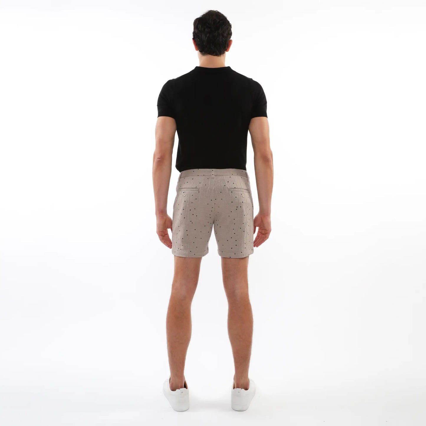 Beige textured jacquard stretch chino shorts with subtle black dot pattern classic tailored fit and two front pockets