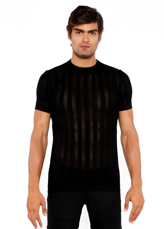 Black short-sleeved crew tee with vertical ribbed texture and open knit fabric for a lightweight feel