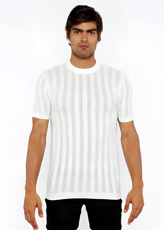 White textured open knit crew tee with subtle vertical ribbed stripes and short sleeves in lightweight cotton blend