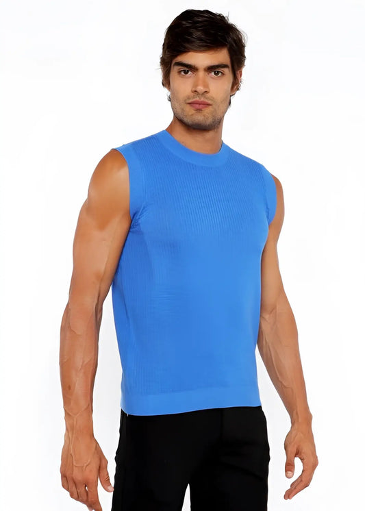 Bright blue ribbed knit sleeveless top textured open knit vest with breathable lightweight fabric for layering