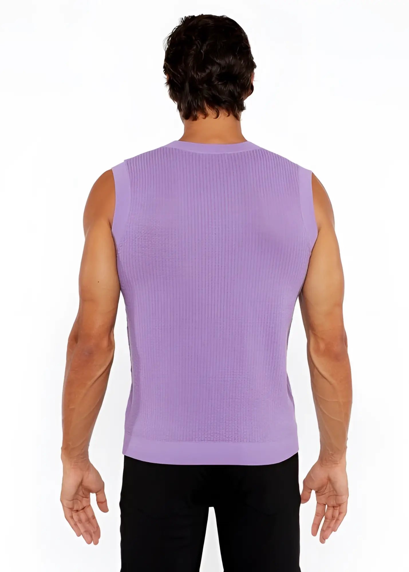 A lavender ribbed knit sleeveless top with a crew neckline featured in a textured open knit vest design