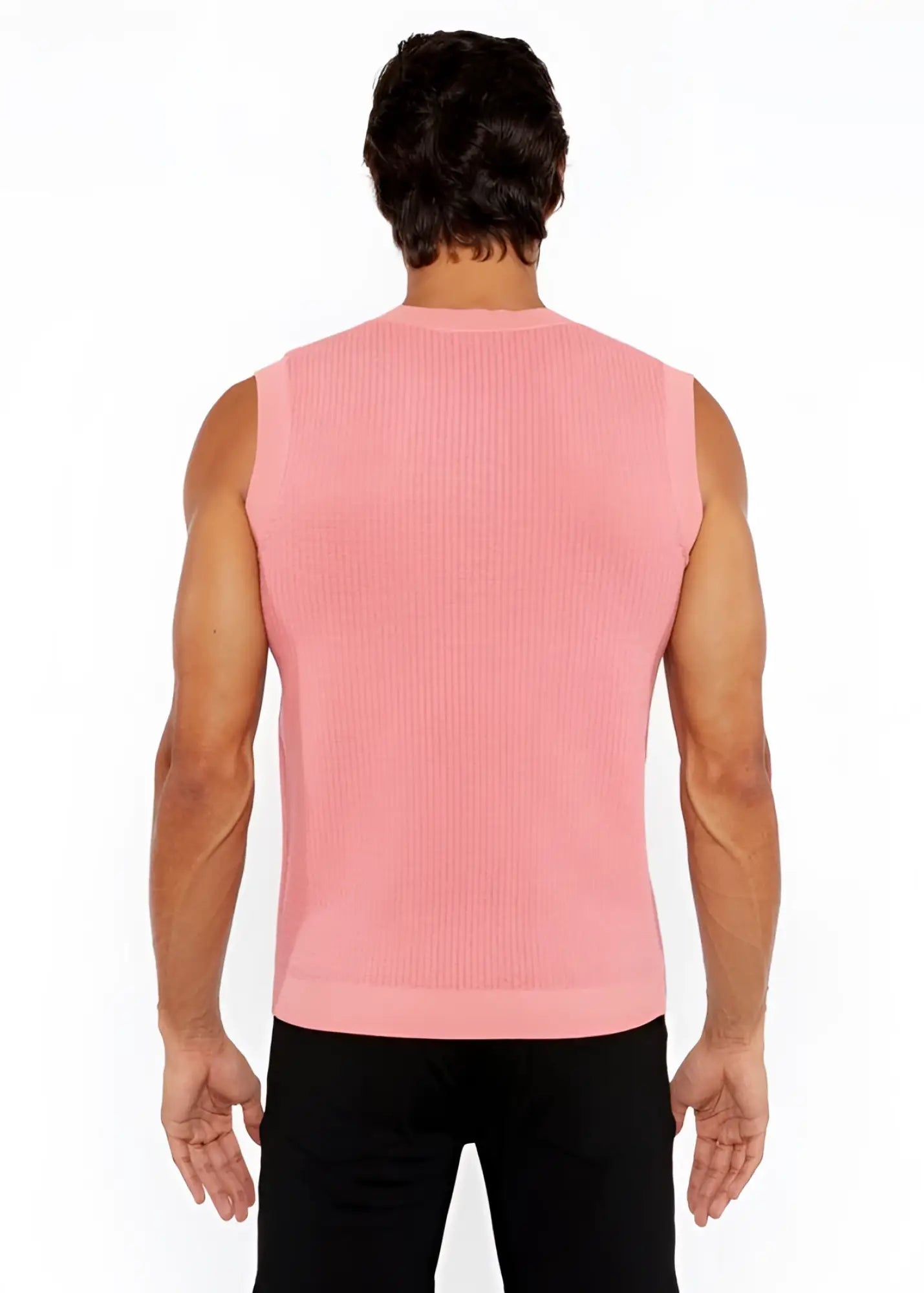 A pink ribbed knit sleeveless top with a crew neckline featured in the textured open knit vest collection