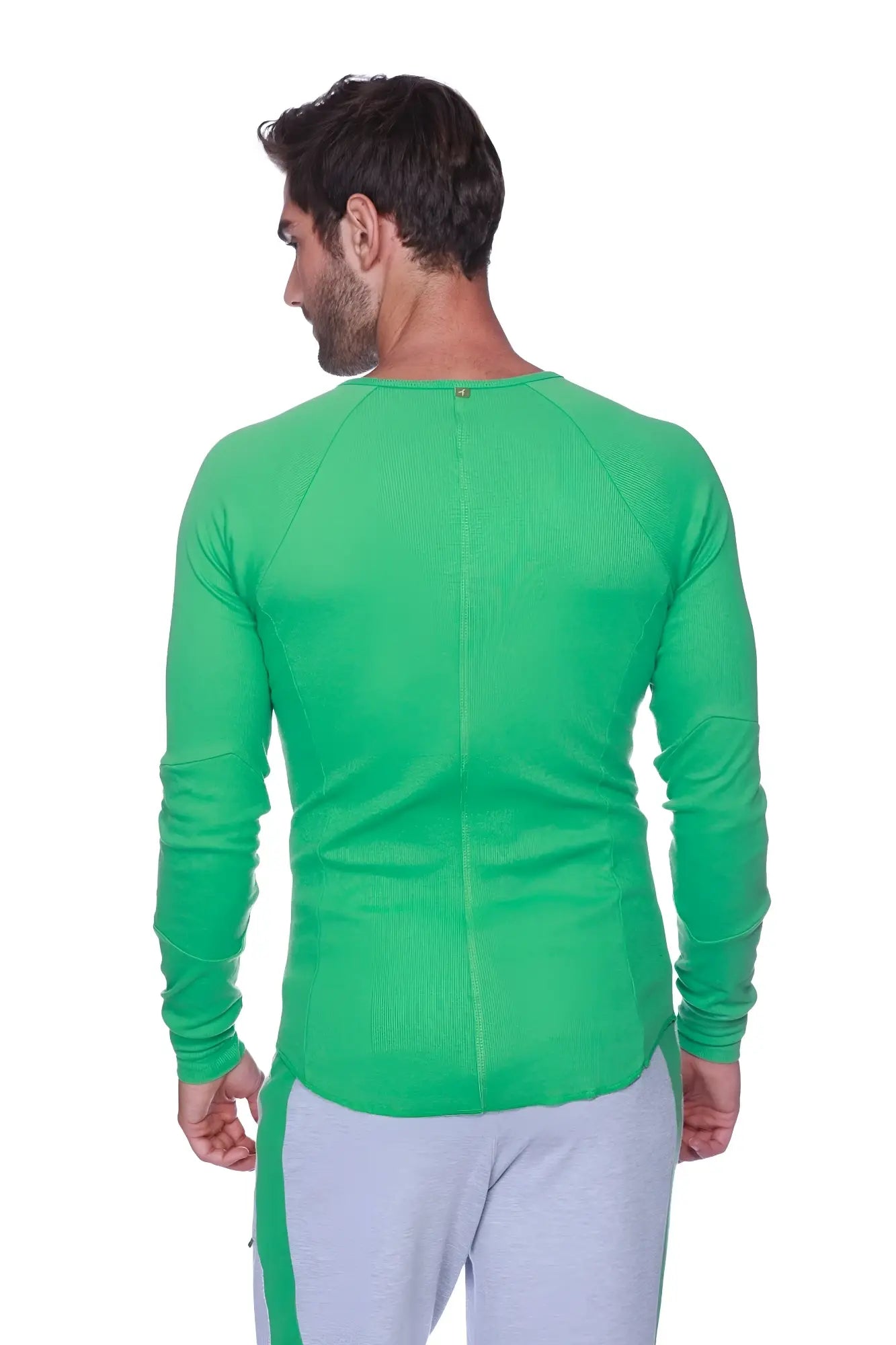 Bright green thermal v neck long sleeve shirt made of bamboo with ribbed texture and raglan sleeves for athletic use