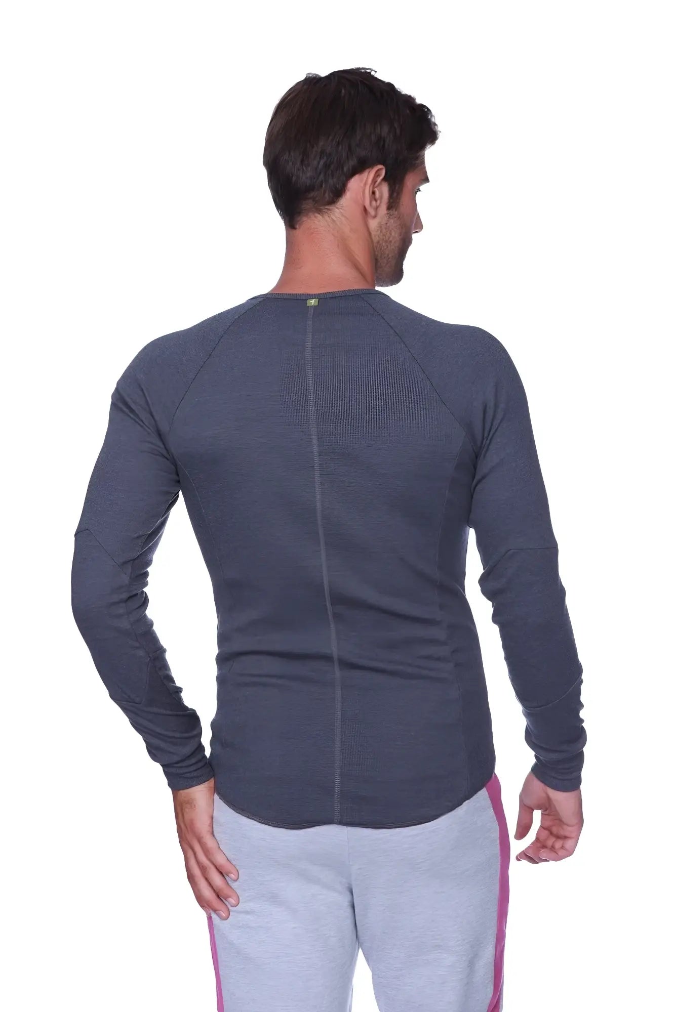 Thermal v-neck long sleeve charcoal with dark gray heathered textured fabric and central seam on the back side