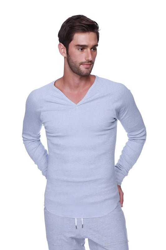 Thermal v neck long sleeve shirt in heather grey with subtle texture ideal for layering and warmth