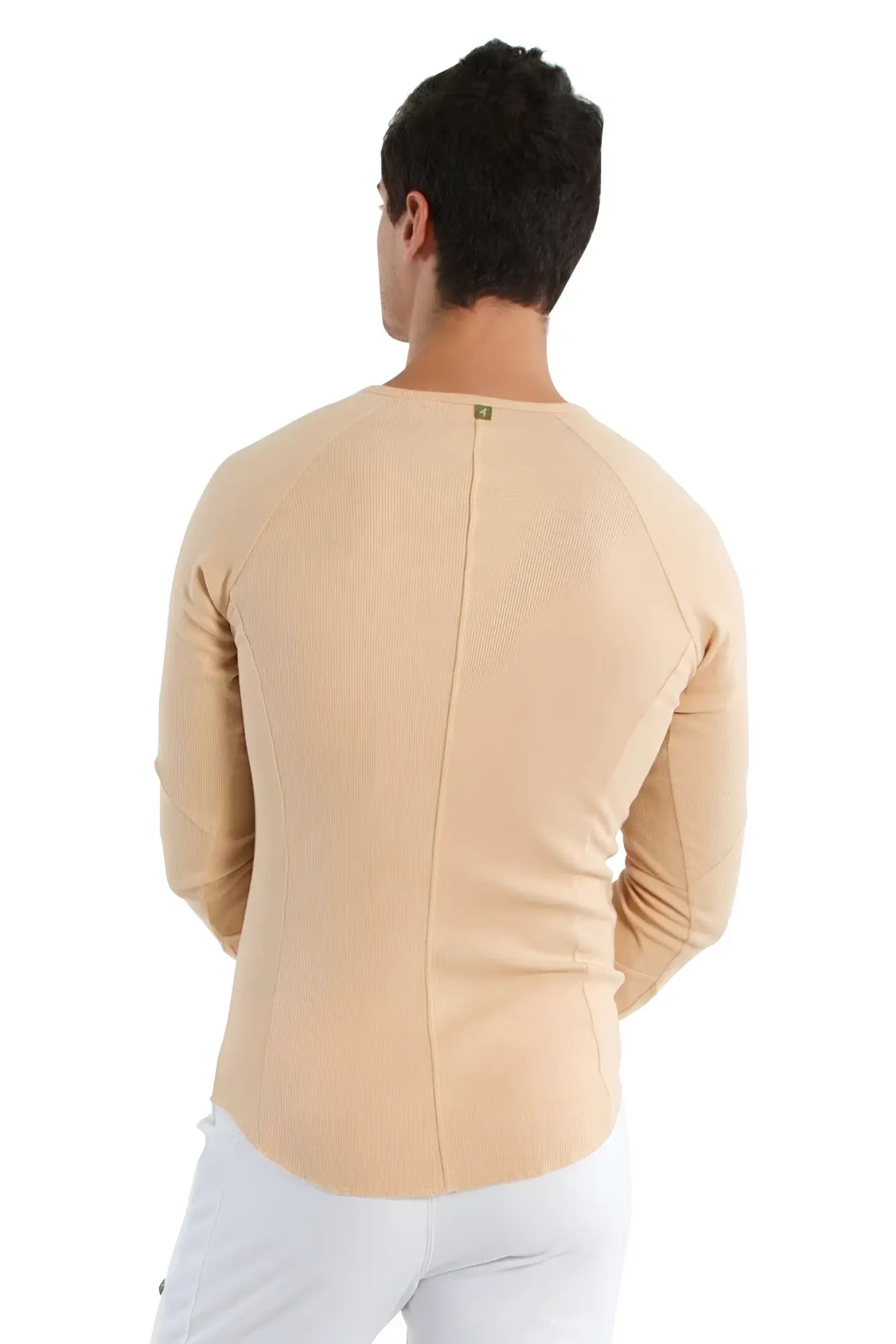 Beige thermal v neck long sleeve shirt with subtle ribbed texture and central seam on the back side