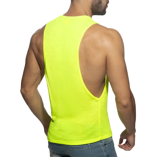 Bright neon yellow sleeveless tank top thin flame low rider with a deep back cutout shown from the back side