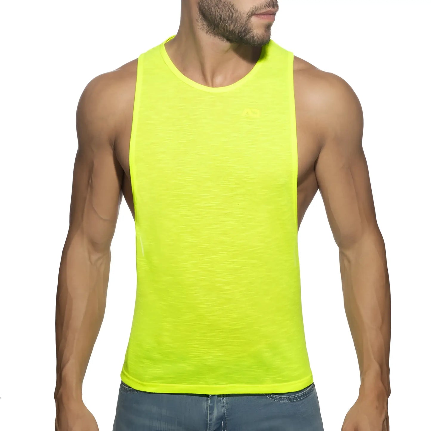 Neon yellow sleeveless athletic tank top thin flame low rider designed for lightweight performance and breathability