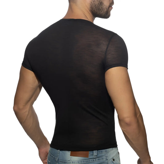 Black sheer short-sleeved t-shirt with fitted design made of lightweight material in thin flame t-shirt style