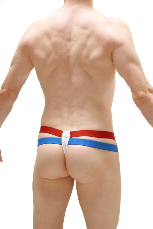 Thong Barro White striped thong with red and blue stripes and a white central panel showing the front side