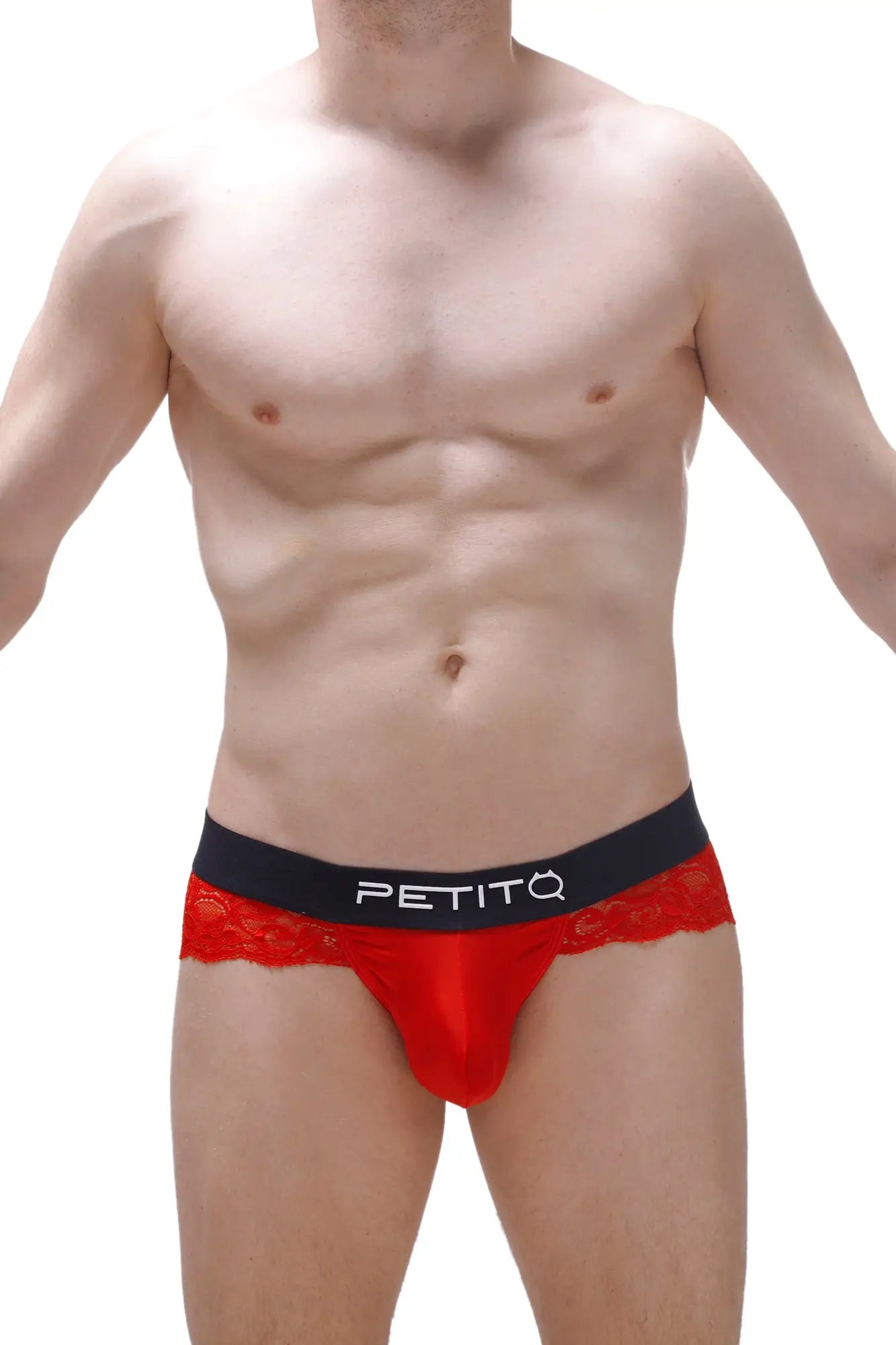 Red lace-trimmed men’s briefs with black petitq waistband in thong blécourt red design