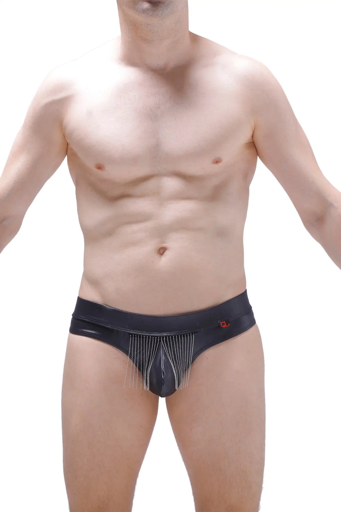 Black leather-like thong cabaret petitq briefs with silver chain detailing on front panel for edgy lingerie look