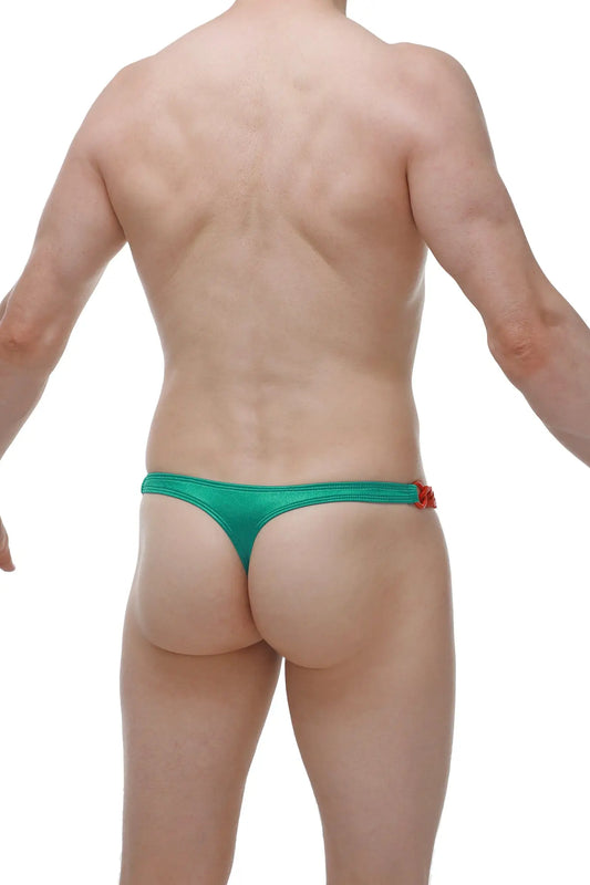 Emerald green satin thong with a small orange accent on the side from the thong chains satin green collection