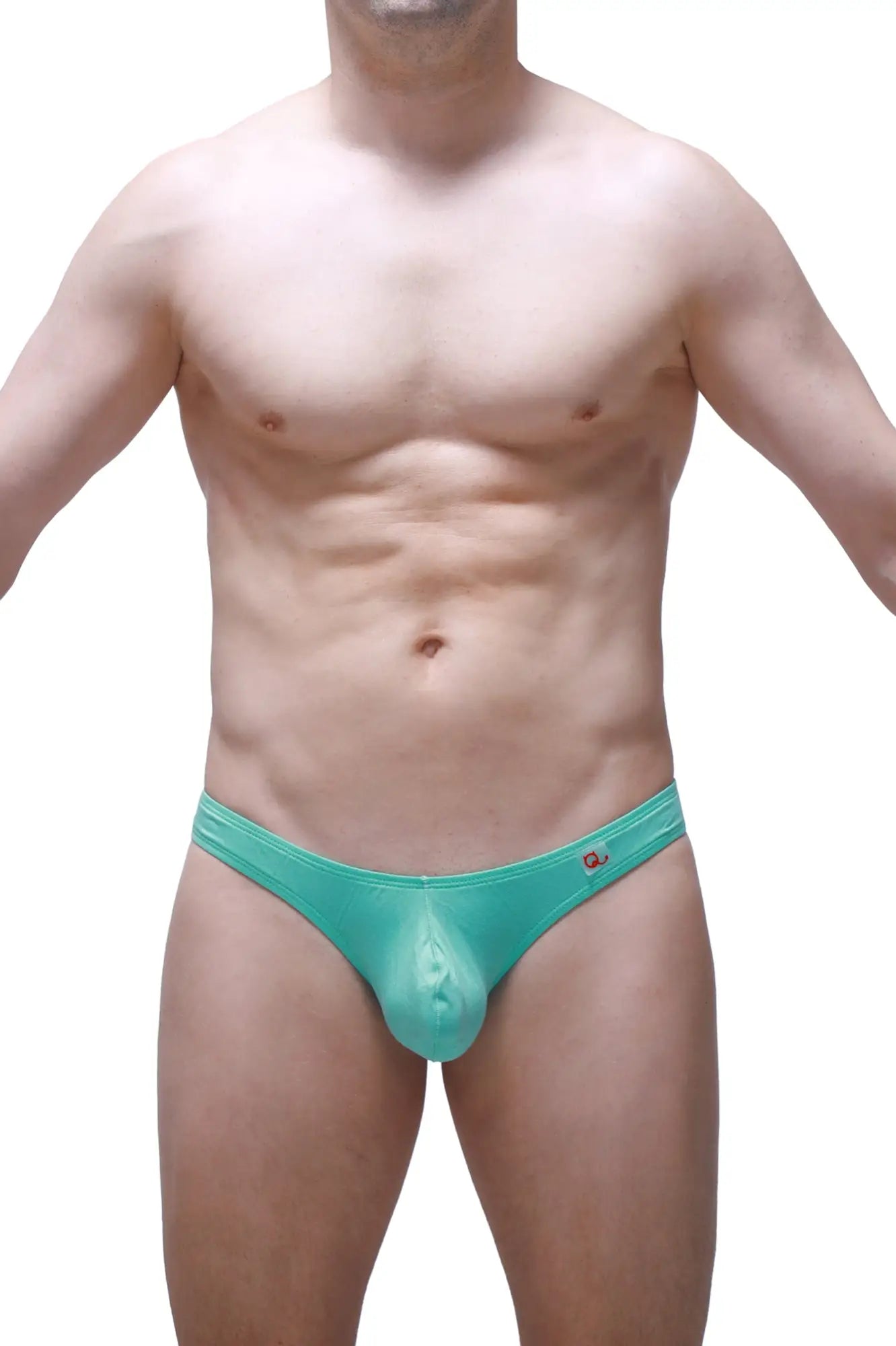 Teal men’s thong briefs in smooth stretchy bamboo fabric with a small logo on waistband front side