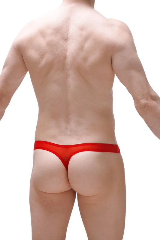 Red sheer mesh thong in dome net design showcasing front view with delicate red mesh material and minimal coverage