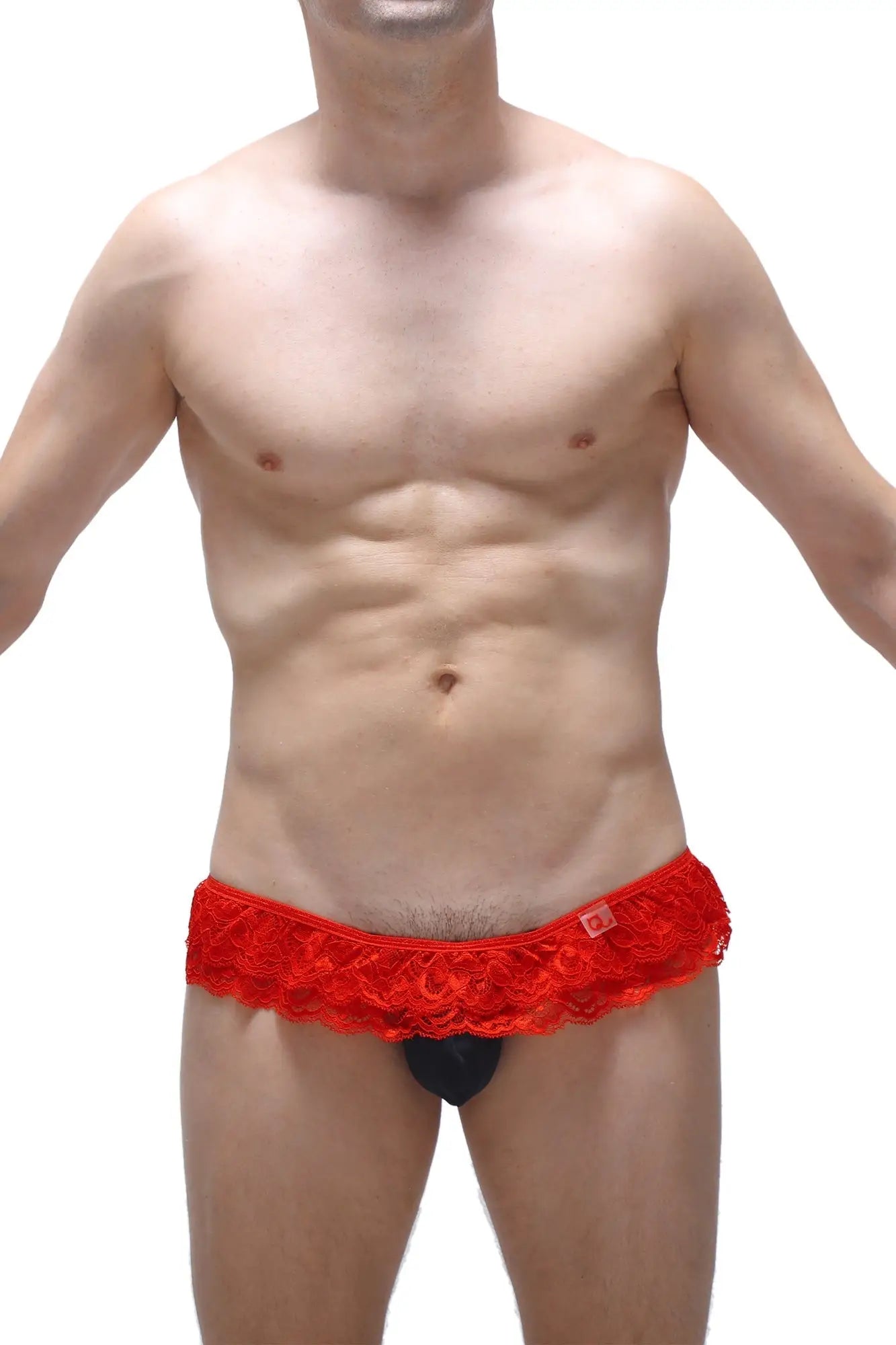 Red lace-trimmed men’s briefs with black inner lining featuring thong frou-frou black design