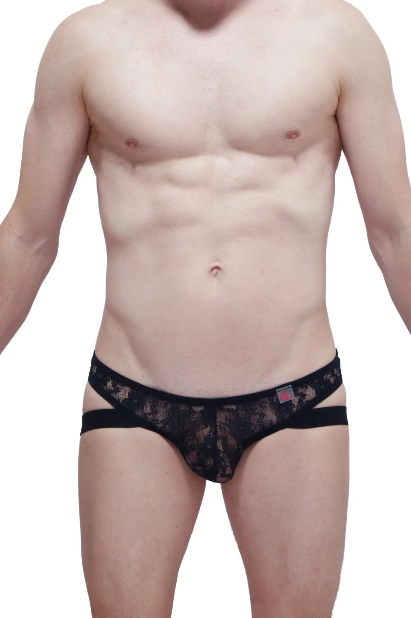 Black lace thong jockstrap with sheer patterned lace and solid black waistband shown from the back side