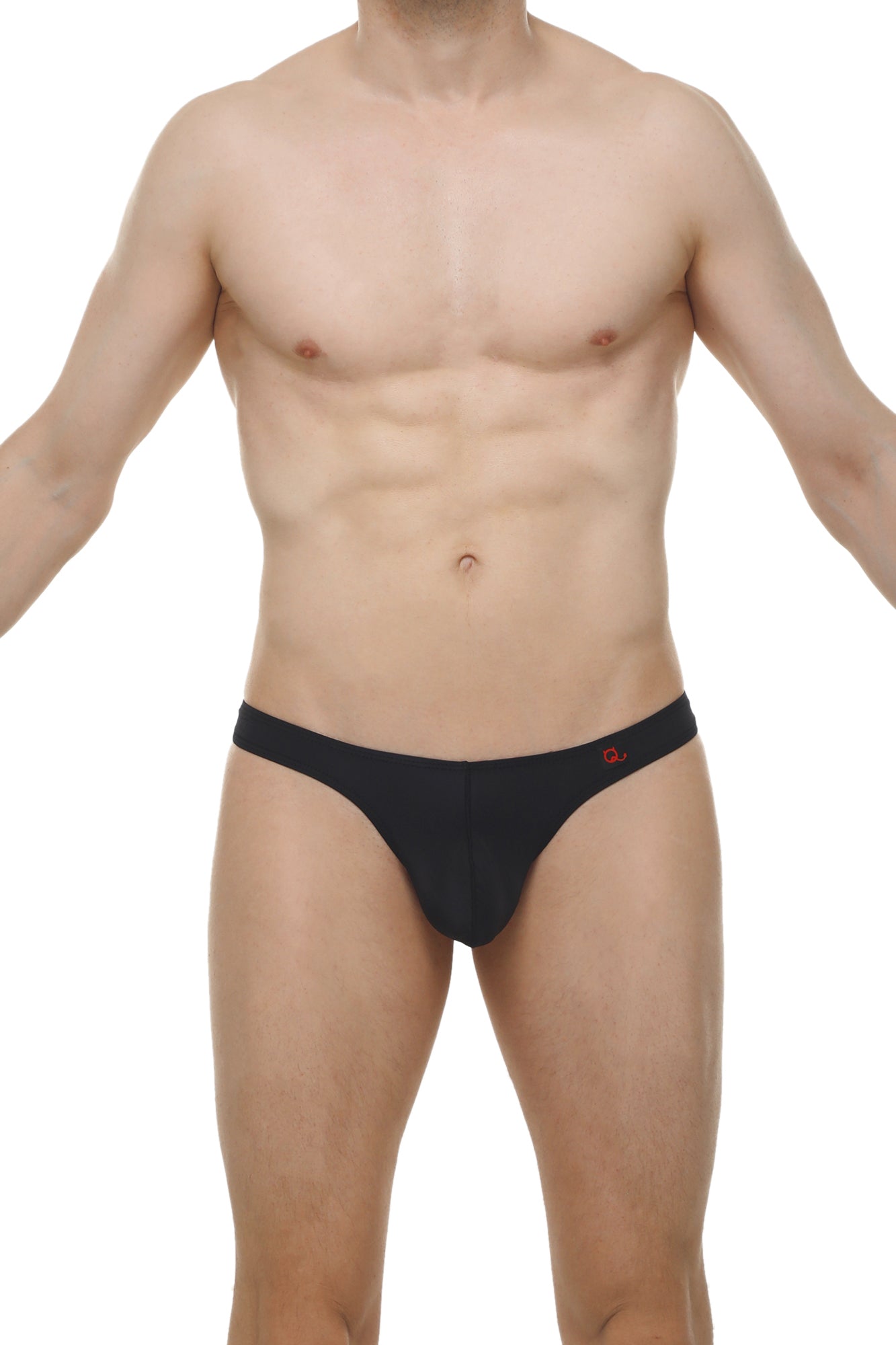Black men’s briefs with subtle red logo on waistband featuring thong lasso cockring plum black design