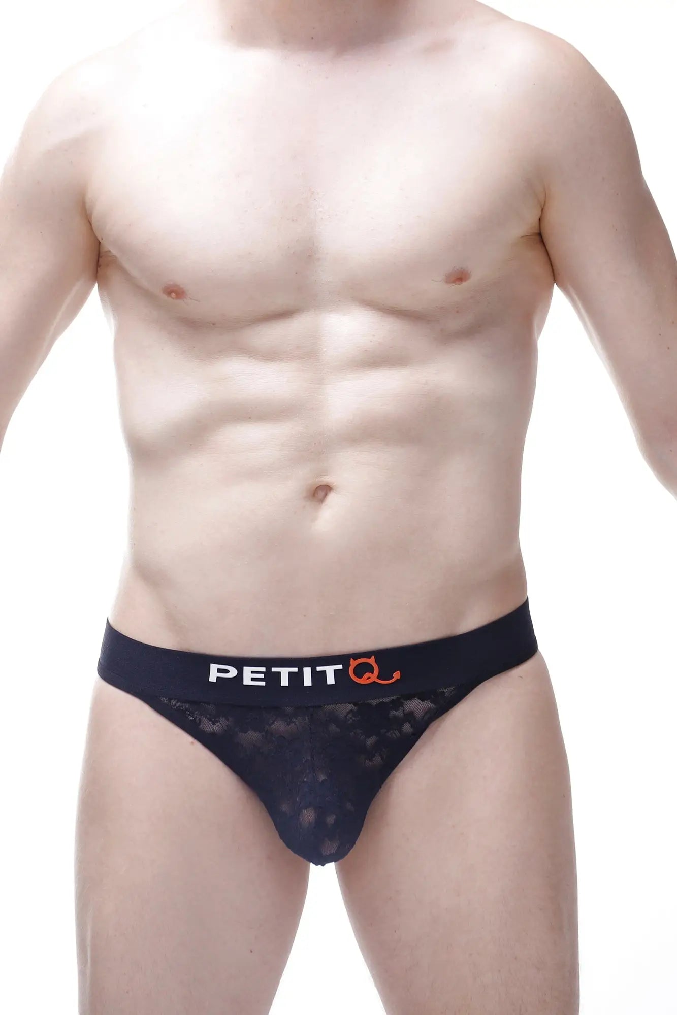 Black lace men’s briefs thong maulay lace black with petitq logo in white and orange on the waistband
