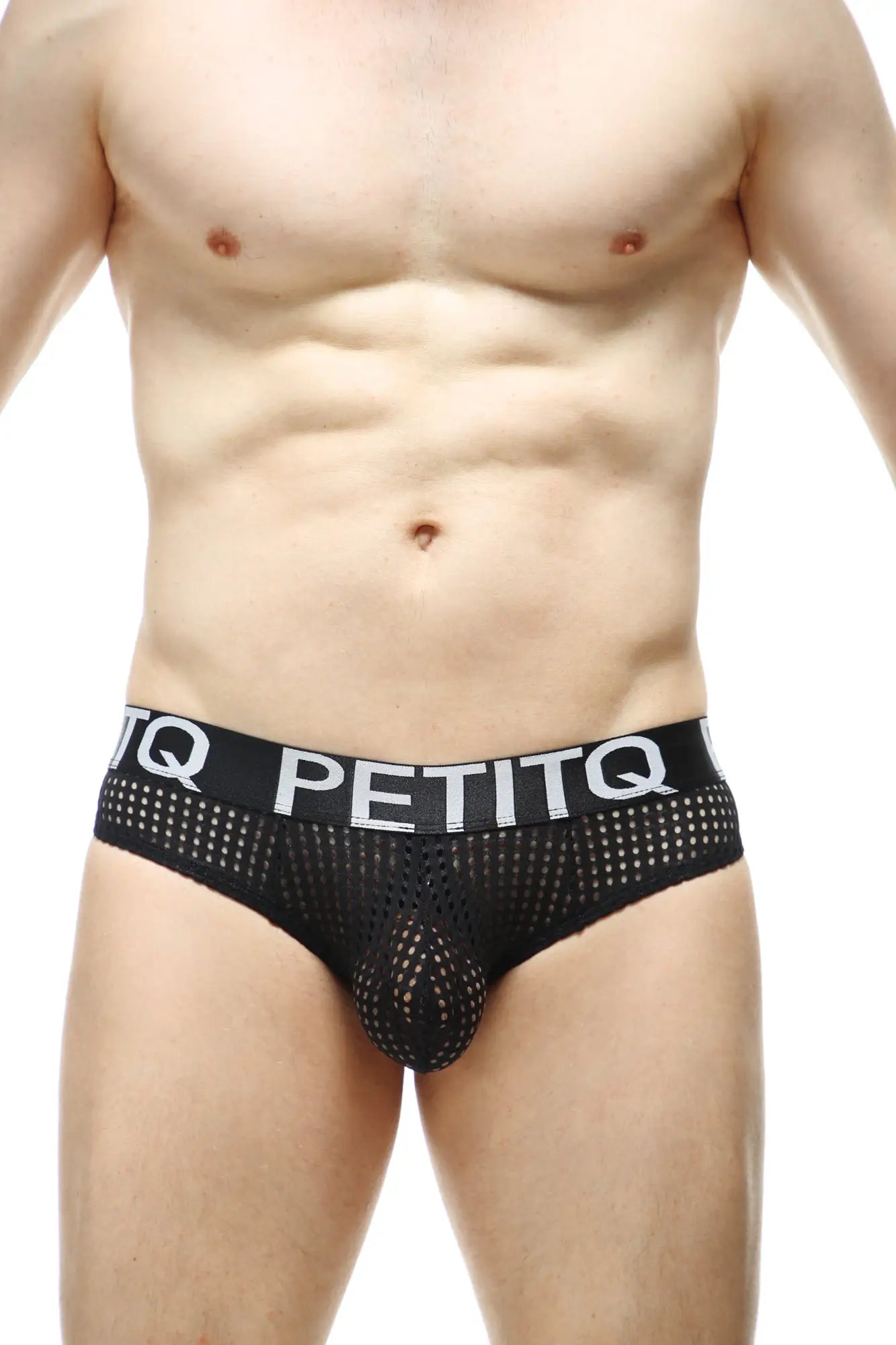 Black mesh men’s thong underwear with bold petitq logo band designed for mega bulge support
