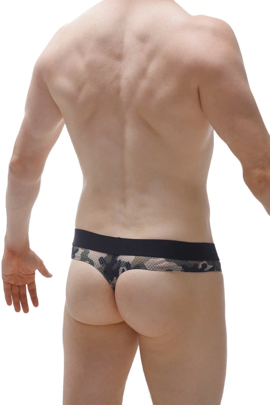 Black and gray camouflage mesh thong menhir camo briefs with solid black waistband shown from the back
