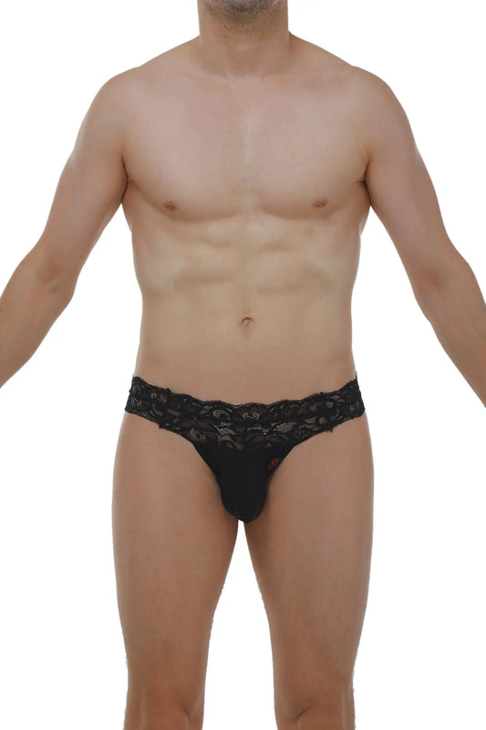 Black thong Plessis lace briefs for men featuring sleek, form-fitting design with black lace trim