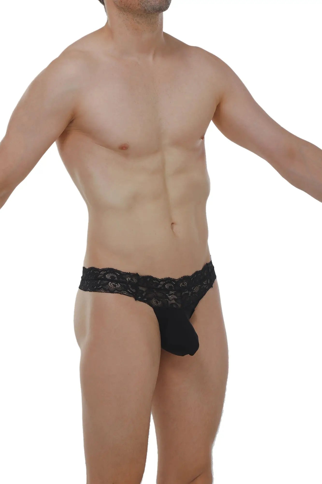 Black lace-trimmed men’s thong plessis lace black with solid black fabric pouch for stylish comfort
